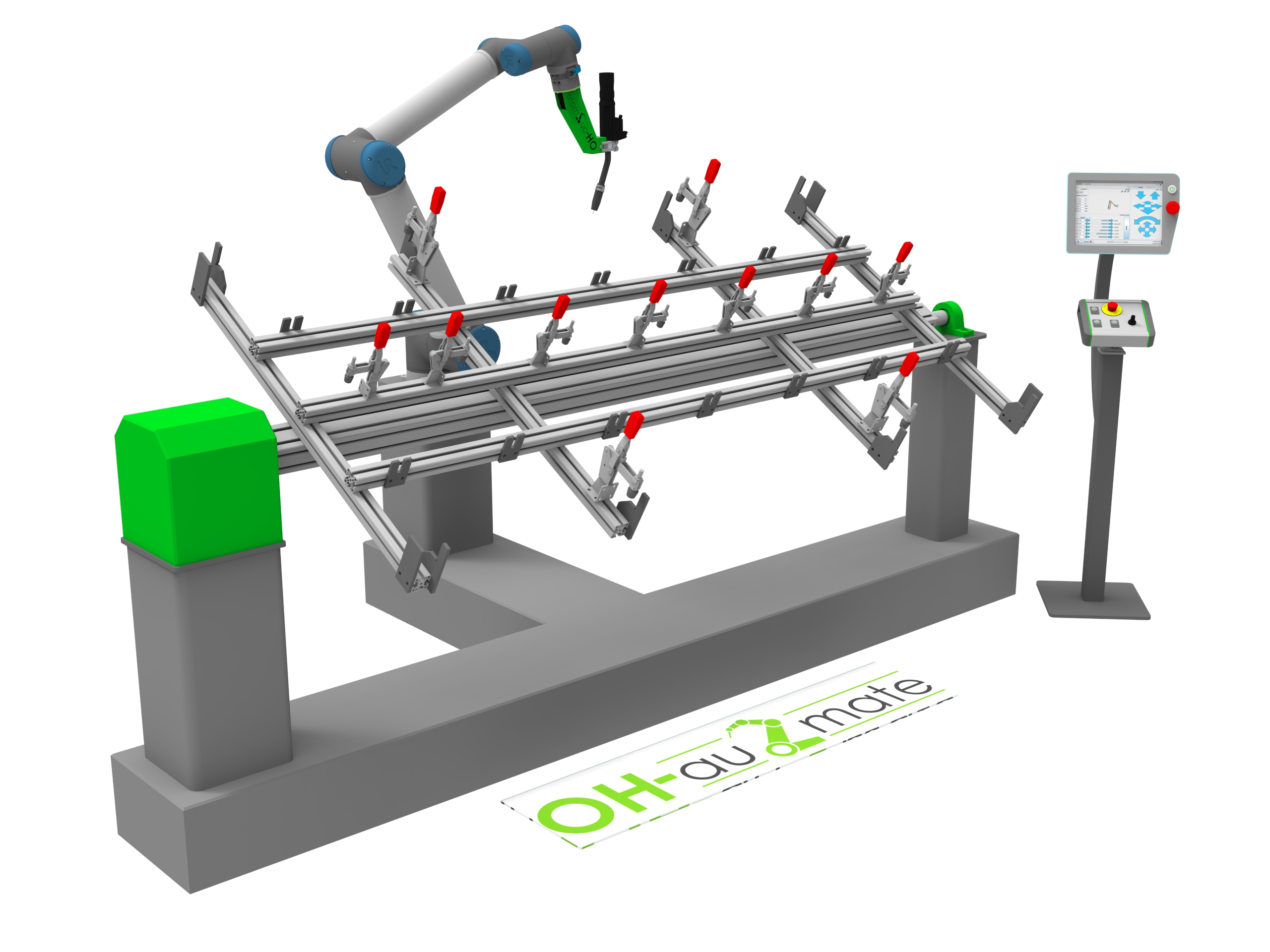 Universal Robots mit Schweissvorrichtung und Drehpositionierer